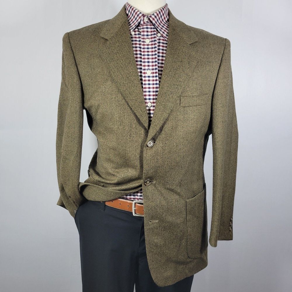 J.Riggings Men's Tweed Sport Coat Blazer Three Button Herringbone Brown Wool 40R